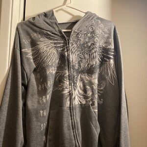 2000s gray/grey sweater hooded zip up wings